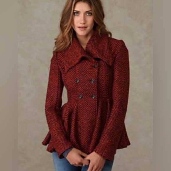 Free People Jackets & Blazers - Free People Rust Chevron Tweed Peplum Coat Jacket Size XS